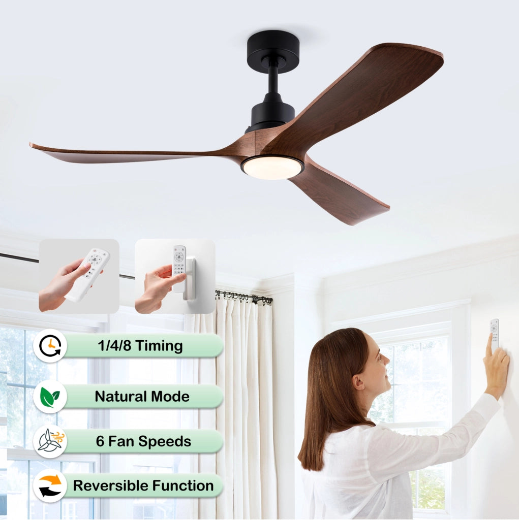 Ventilatore da soffitto 52 pollici con luce e telecomando; 3 pale in ABS; nero e noce scuro