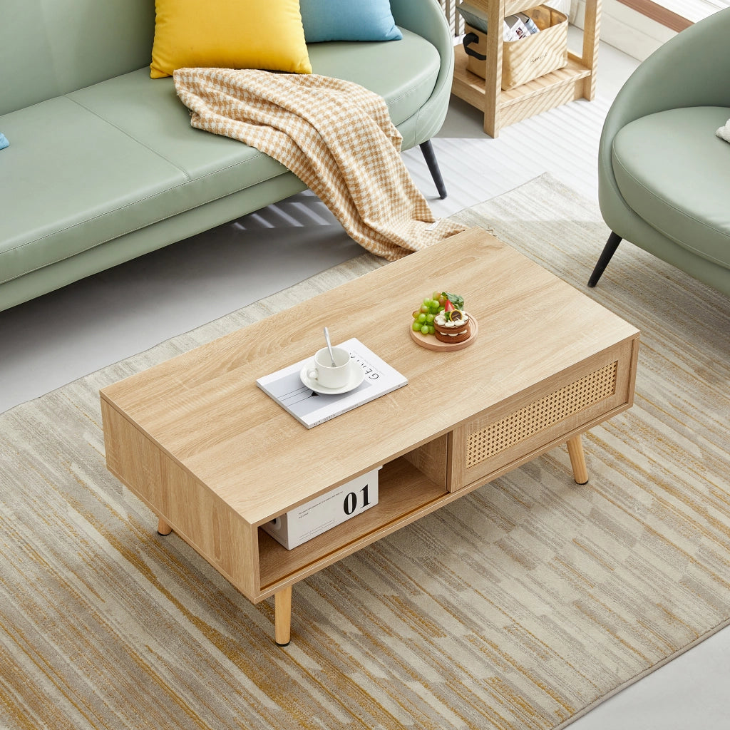 TAVOLINO DA SALOTTO 105x55x40 cm MDF Legno Naturale effetto rattan con anta scorrevole