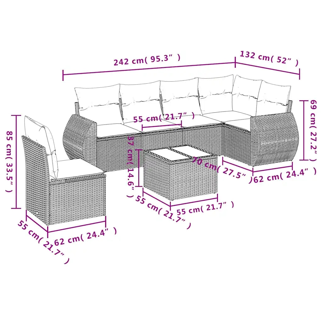 Set Divani da Giardino 7 pz con Cuscini Beige in Polyrattan