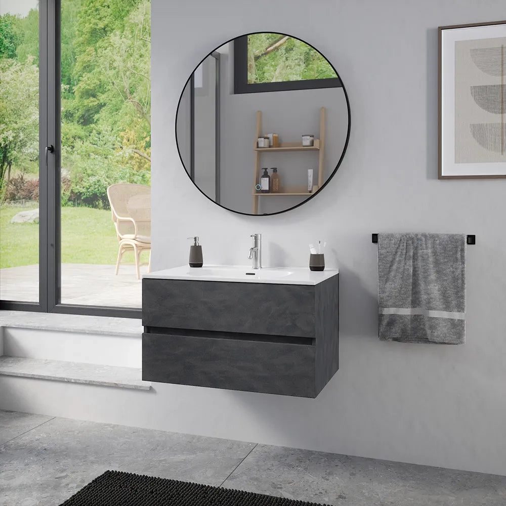 Mobile da bagno sospeso 90 cm effetto cemento scuro con lavabo| Yili