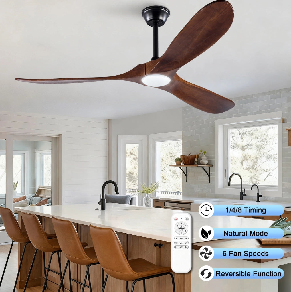 Ventilatore da soffitto con luce 52'' a 3 pale in legno, nero e noce scuro