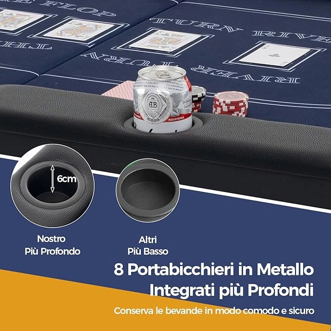 Tavolo da Poker Pieghevole 182 cm per 8 Giocatori, Tavolo da Gioco Ovalo con Supporti per Bicchieri, Rivestimenti Imbottiti, per Blackjack, Texas Hold’em, Giochi da Casinò (Blu)