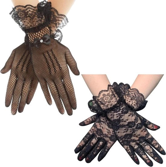 Manopole con Motivo di Fiori e Mesh - Manopole Retro Opera da Party per Matrimonio, Halloween, Mascherata e Carnevale - Stile Nero 2 - Unico Modello - Set di 2 Paia