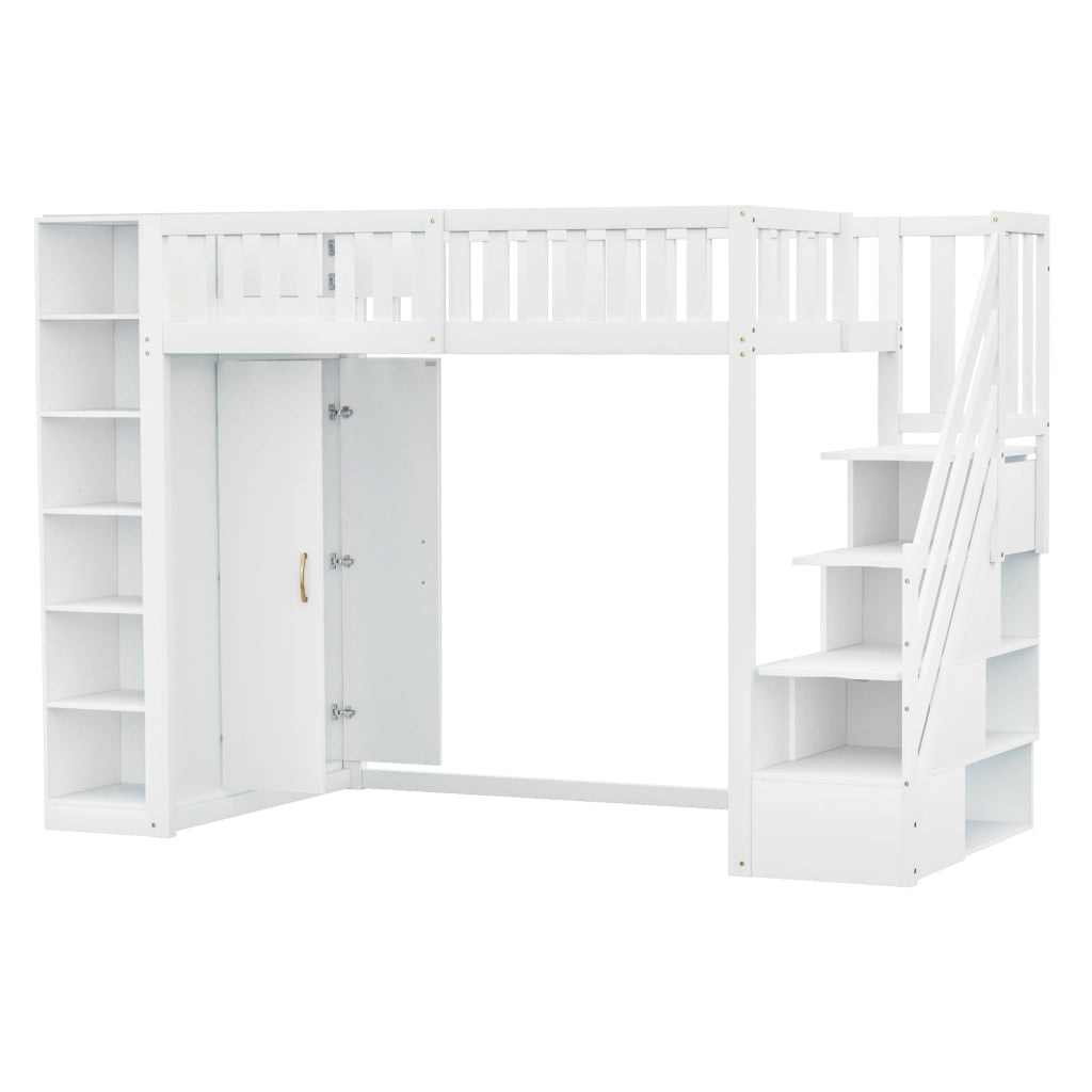 Letto a soppalco 90x200 cm con armadio integrato; mensole e scala contenitore bianco