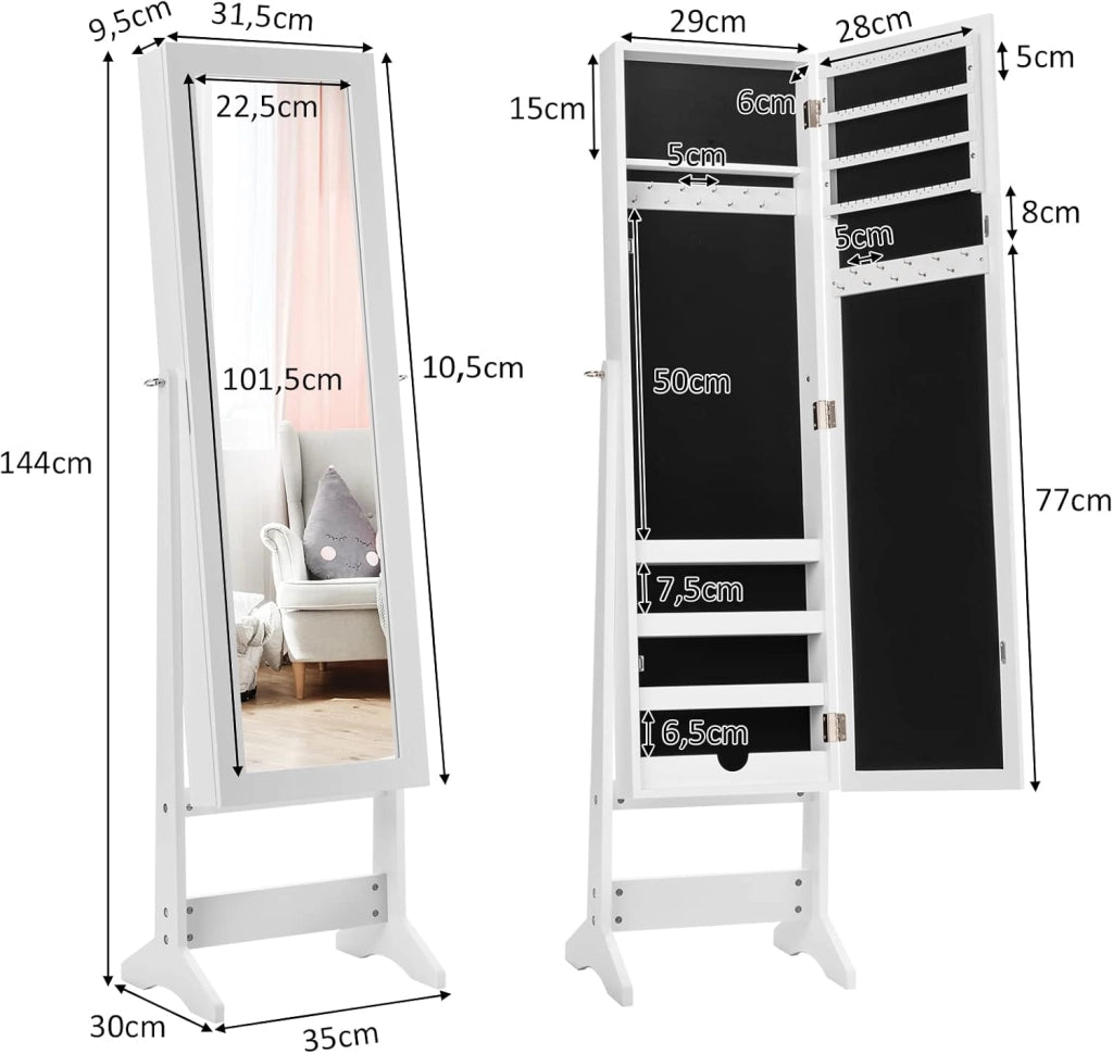 Armadietto Portagioie con Specchio Intero, per orecchini, anelli, collane, cosmetici, Armadio per Gioie da Terra per Camera da Letto, 35 x 30 x 144 cm (BIANCO)