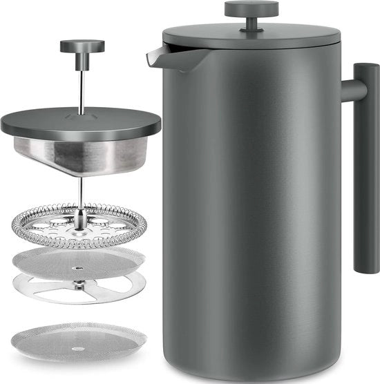 French Press Cafèttiera 34 oz - 1000 ml (4 sacchi di caffè / 8 tazze di caffè) - Cafèttiera con filtro in acciaio inox triplo e pareti isolate - Grigio