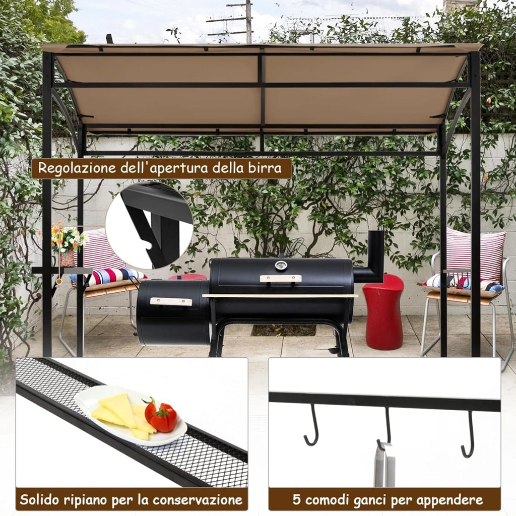 Gazebo per Barbecue, 216 x 134 x 211 cm, Pergola per BBQ con Ripiano Portaoggetti e 5 Ganci, Struttura Robusta in Metallo, per Giardino Cortile e Spiaggia
