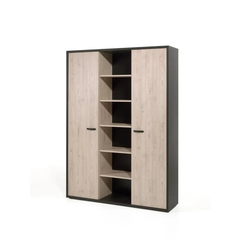 Mobile alto da ufficio con 2 porte e scaffali colore rovere chiaro e nero