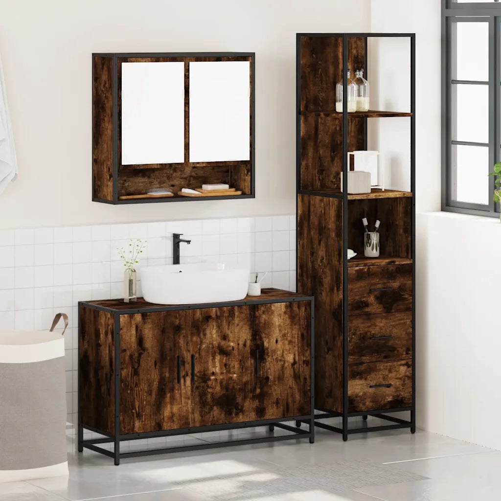 Set Mobili da Bagno 3 pz Rovere Fumo in Legno Multistrato