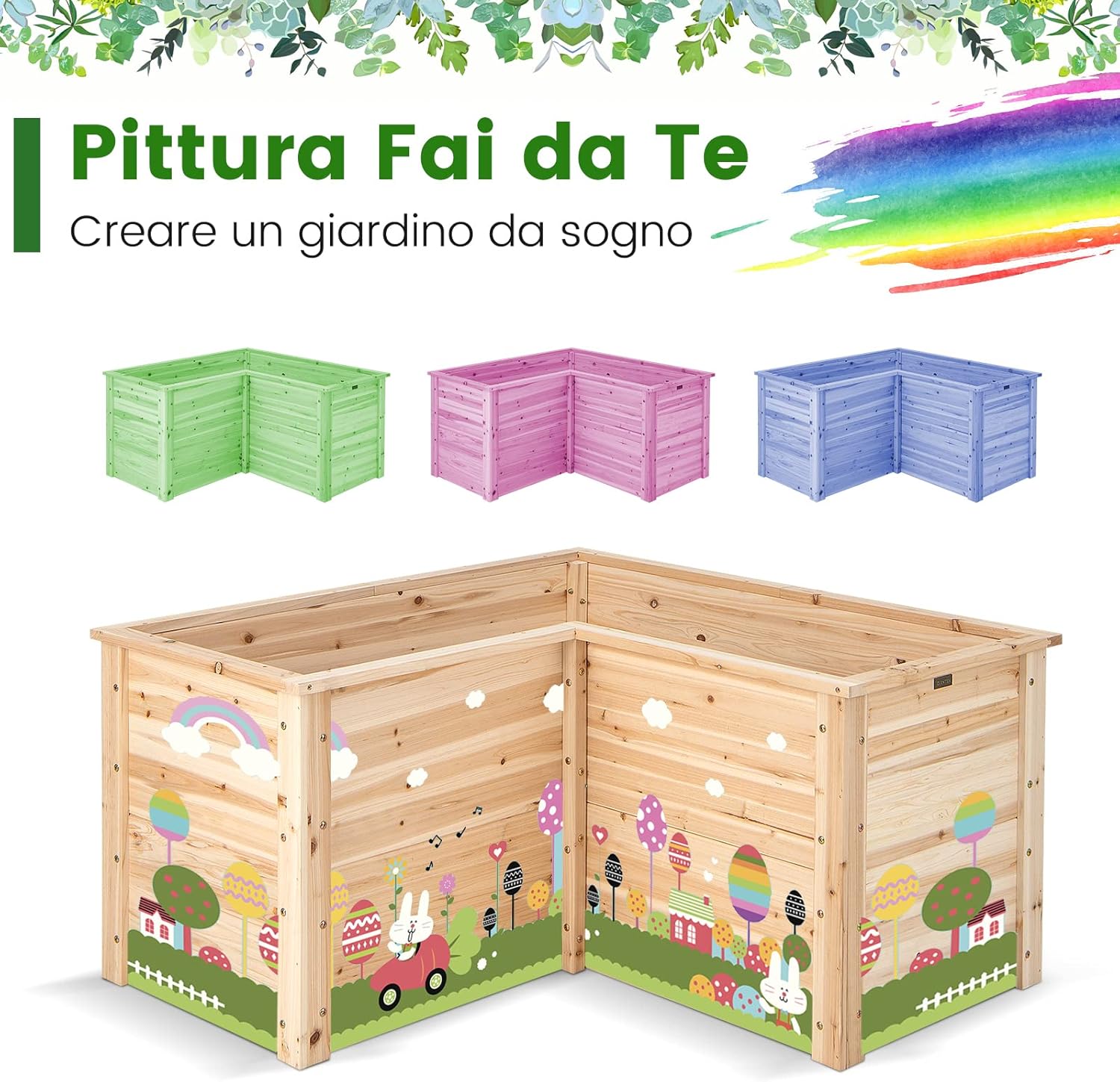 Letto Rialzato da Giardino in Legno, Fioriera da Esterno a Forma di L con Base Aperta, Aiuola per Frutto, Erbe, Verdure e Fiori da Blacone, Cortile e Prato, 120 x 120 x 63 cm (Naturale)