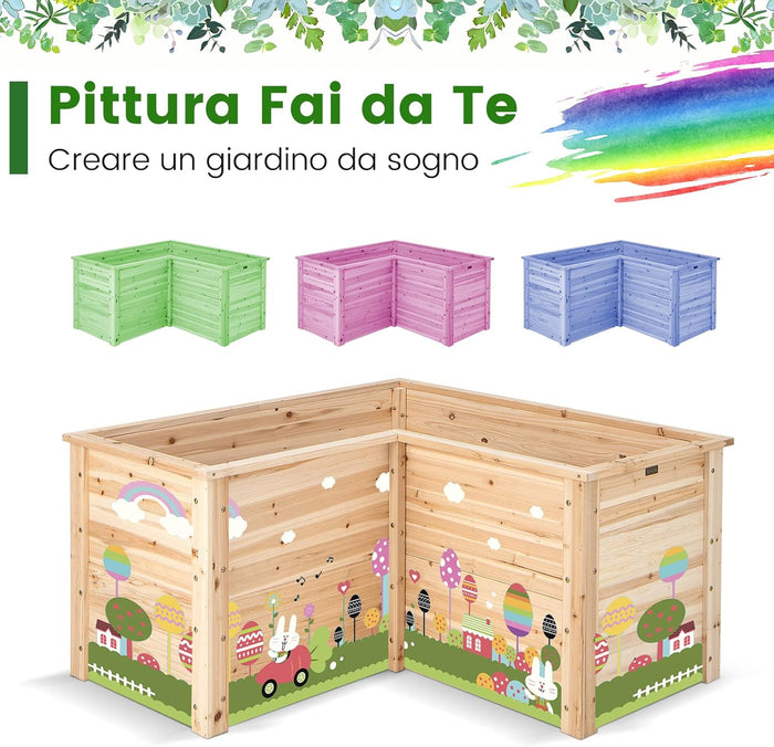 Letto Rialzato da Giardino in Legno, Fioriera da Esterno a Forma di L con Base Aperta, Aiuola per Frutto, Erbe, Verdure e Fiori da Blacone, Cortile e Prato, 120 x 120 x 63 cm (Naturale)