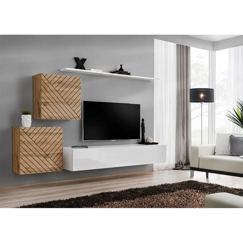 Set di mobili da soggiorno design SWITCH V, colore quercia e bianco con finiture in quercia fresata e bianco lucido.