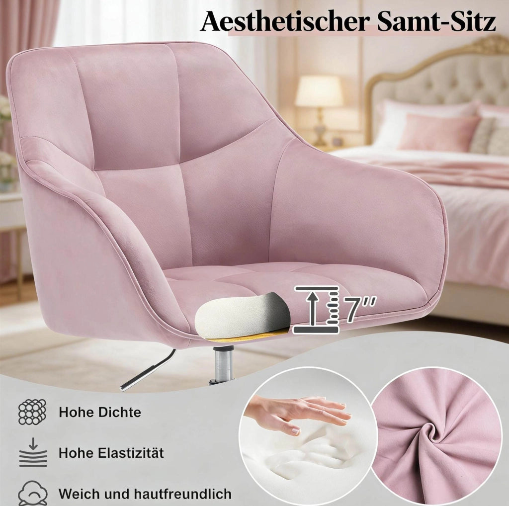Sedia da ufficio ergonomica rosa in velluto con ruote