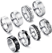 Ringen in Acciaio Inossidabile per Uomo - Fidget e Anti-Stress - Catena Flescopatore - Finestra Alta - Design Vintage - Pacchetto da 8 - Dimensione N1/2-Z1/2