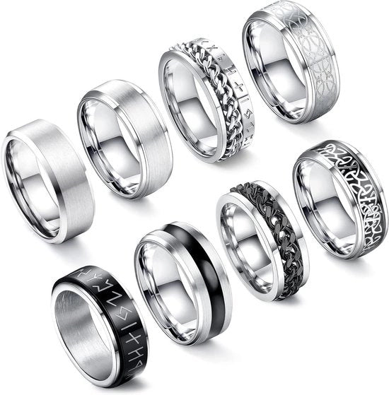 Ringen in Acciaio Inossidabile per Uomo - Fidget e Anti-Stress - Catena Flescopatore - Finestra Alta - Design Vintage - Pacchetto da 8 - Dimensione N1/2-Z1/2
