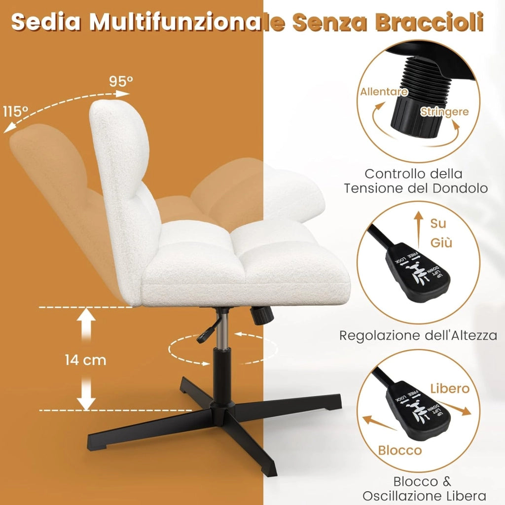 Sedia da Ufficio senza Braccioli, Sedia da Scrivania a Gambe Incrociate con Altezza Regolabile, Rotazione a 360°, Tessuto Morbido, Ampia Seduta Imbottita, Portata 160 kg (Bianco)