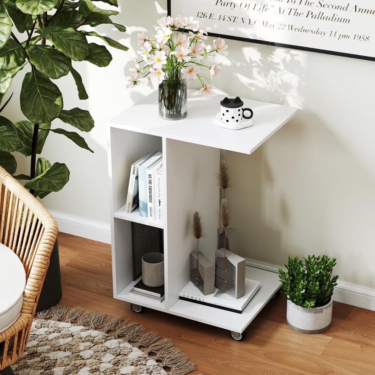 Tavolino a forma di c ruote universali bloccabili-Tavolino stretto con ripiani di stoccaggio Bianco