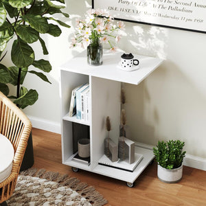 Tavolino a forma di c ruote universali bloccabili-Tavolino stretto con ripiani di stoccaggio Bianco