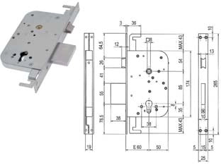 SERRATURA TRIPLICE INFILARE A CILINDRO C/SCROCCO E CATENACCIO 600Y  mm.60 (00600 Y30 60)    SAB