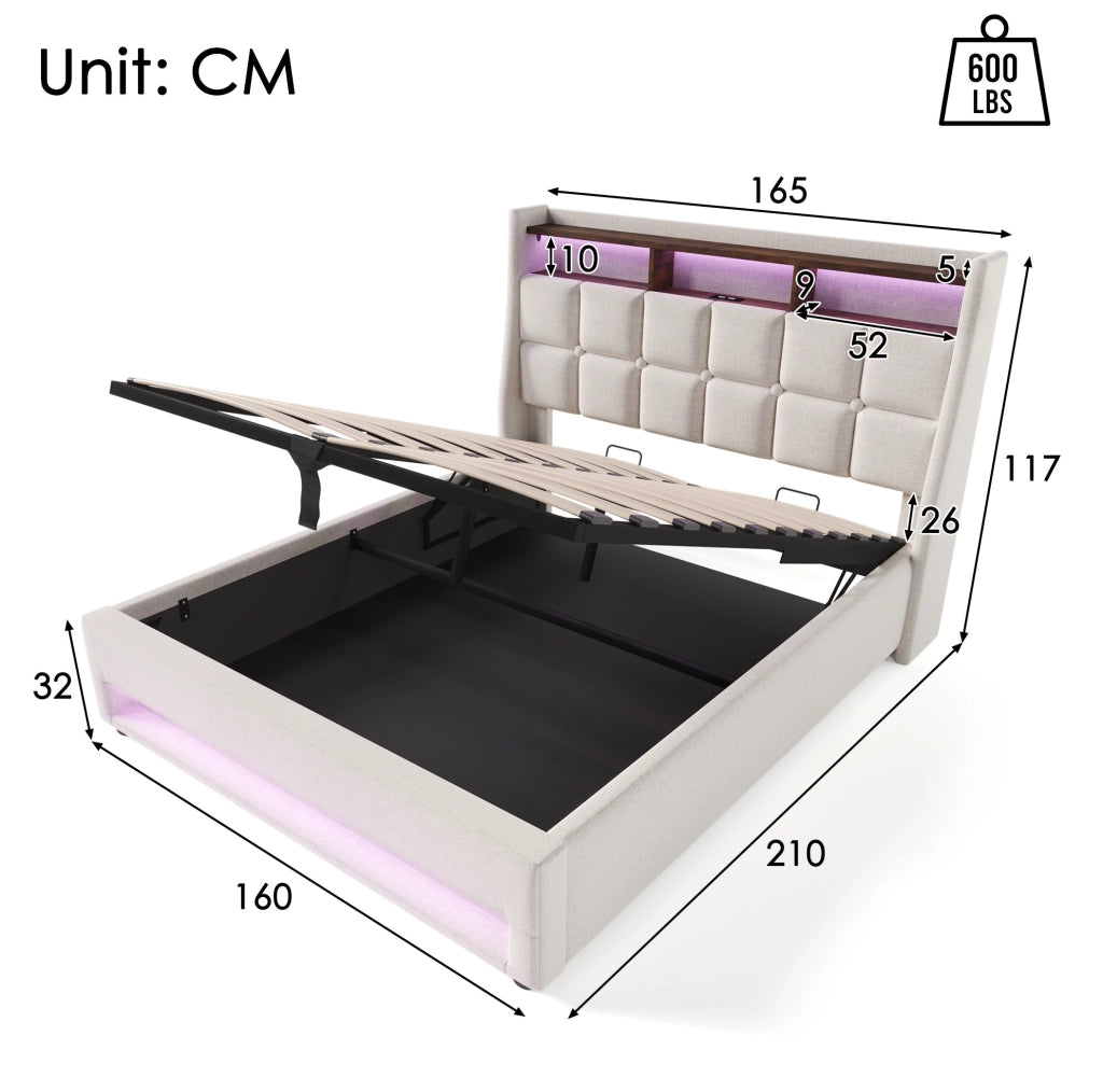 Letto imbottito 160x200 cm beige con LED, USB e vano contenitore
