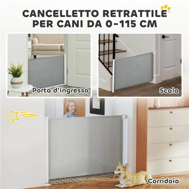 CANCELLINO PER CANI ESTENSIBILE FINO A 115 CM, IN POLIESTERE E ACCIAIO, 115X82.5 CM, BIANCO E GRIGIO