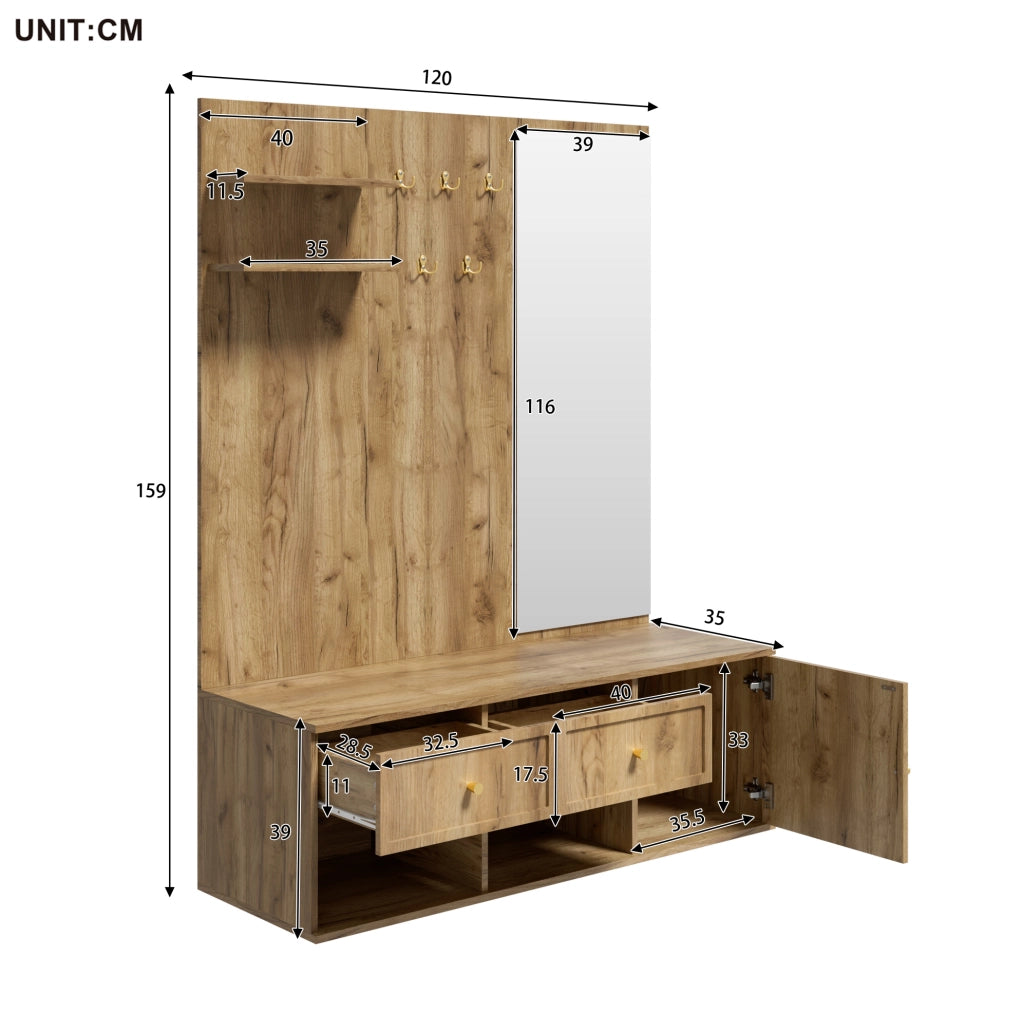 Set guardaroba multifunzione da ingresso con specchio e 5 ganci