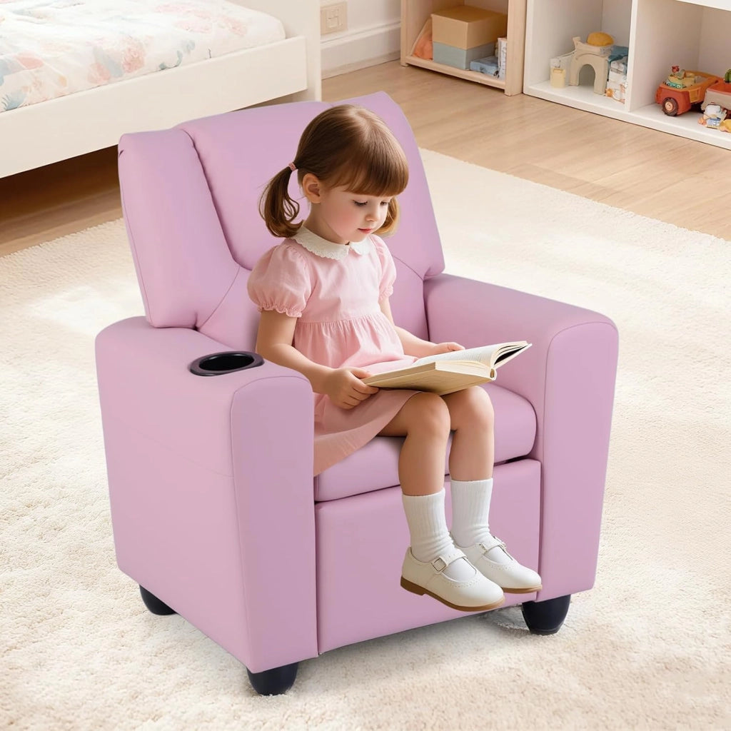 Poltrona Reclinabile per Bambini, Sedia Reclinabile con Porta Bicchiere e Poggiapiedi Regolabile, Poltroncina per Soggiorno e Sala Giochi, Poltrona Divano per Ragazzi 3+ Anni (Rosa)