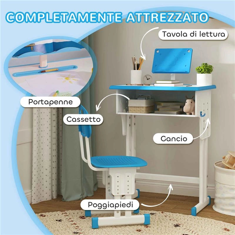 BANCO SCUOLA PER BAMBINI 6-12 ANNI AD ALTEZZA REGOLABILE CON LEGGIO E MENSOLA IN ACCIAIO E MDF BLU