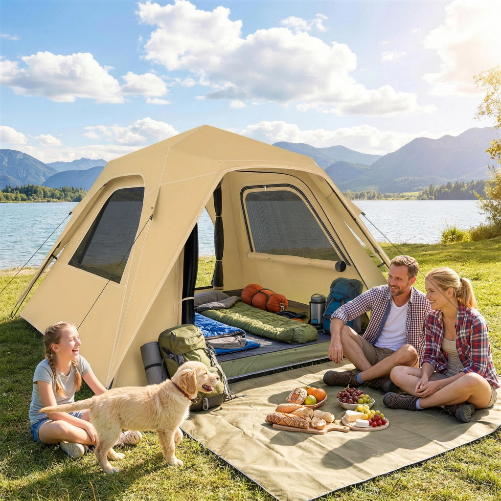 Tenda Pop-Up per 2-3 Persone con Finestre in Rete e Borsa, 240x240x160 cm, Cachi