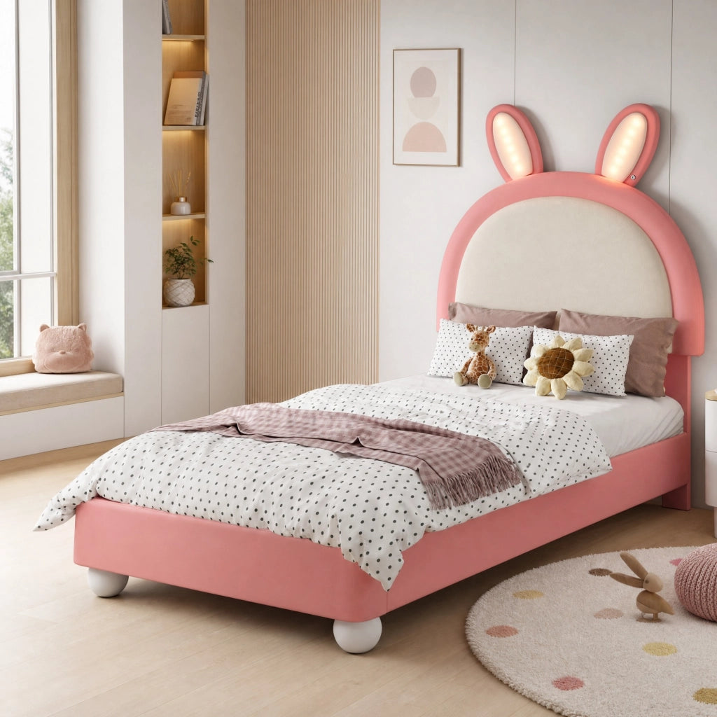 Letto singolo imbottito a coniglio con LED rosa e bianco 90x200 cm