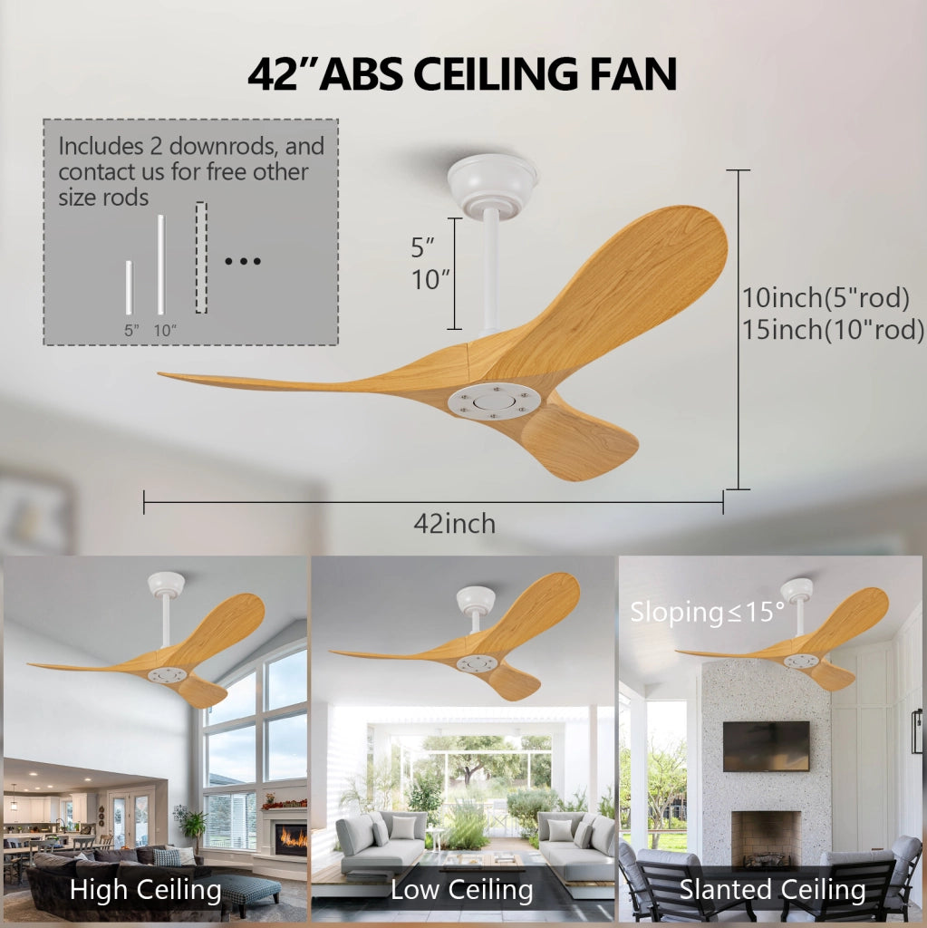 Ventilatore da soffitto 42 pollici senza luce con telecomando; 3 pale ABS; bianco e naturale