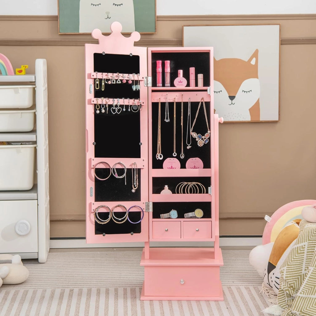 Armadio Gioielli per Bambini con Specchio, Armadietto Portagioie da Terra per Bambini con 3 Cassetti, per Bambini 3+ Anni, Ideale per Camera da Letto (Rosa)