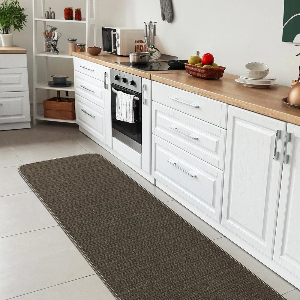 Tappeto Cucina Tinta Unita Striato 54x110 Cm Bordato Assorbente Passatoia Casa Antiscivolo Marrone