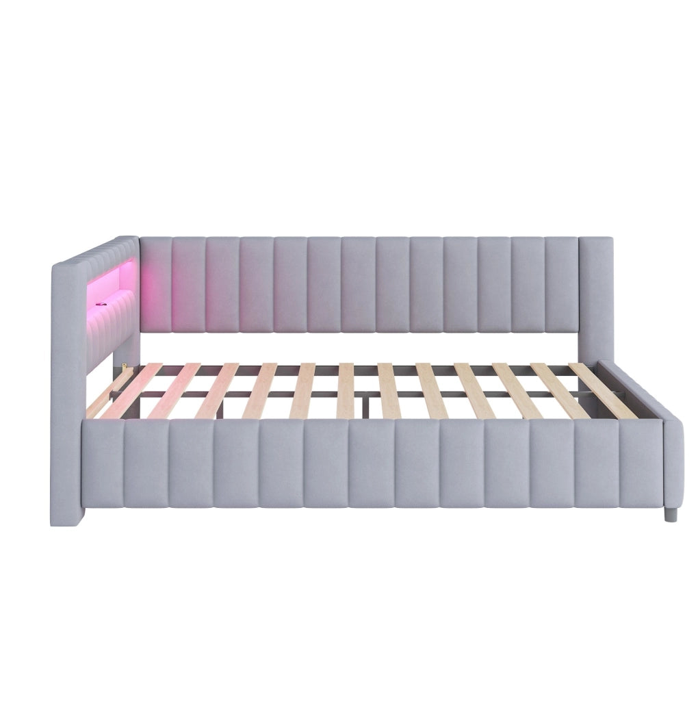 Divano letto 140x200 cm con LED e USB; velluto grigio (Senza materasso)