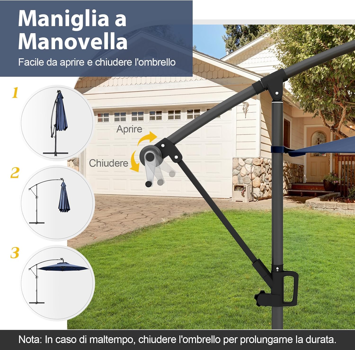Ombrellone da Giardino ∅300 cm con 32 Luci LED, Ombrellone Prendisole con Rotazione di 360°, Inclinazione Regolabile, 8 Stecche, Manovella, per Giardino Piscina Cortile (Blu Scuro)