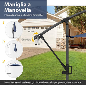 Ombrellone da Giardino ∅300 cm con 32 Luci LED, Ombrellone Prendisole con Rotazione di 360°, Inclinazione Regolabile, 8 Stecche, Manovella, per Giardino Piscina Cortile (Blu Scuro)