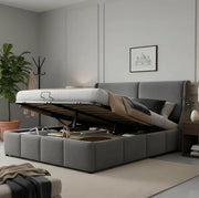 Letto imbottito con contenitore e rete a doghe 140x200 cm in velluto grigio