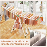 Stendibiancheria con 20 Barre, Stendino Pieghevole in Metallo Regolabili in Altezza, Clips per Calzini, Supporto per Abbigliamento Autoposante a Ali per Interno Esterno (Beige)