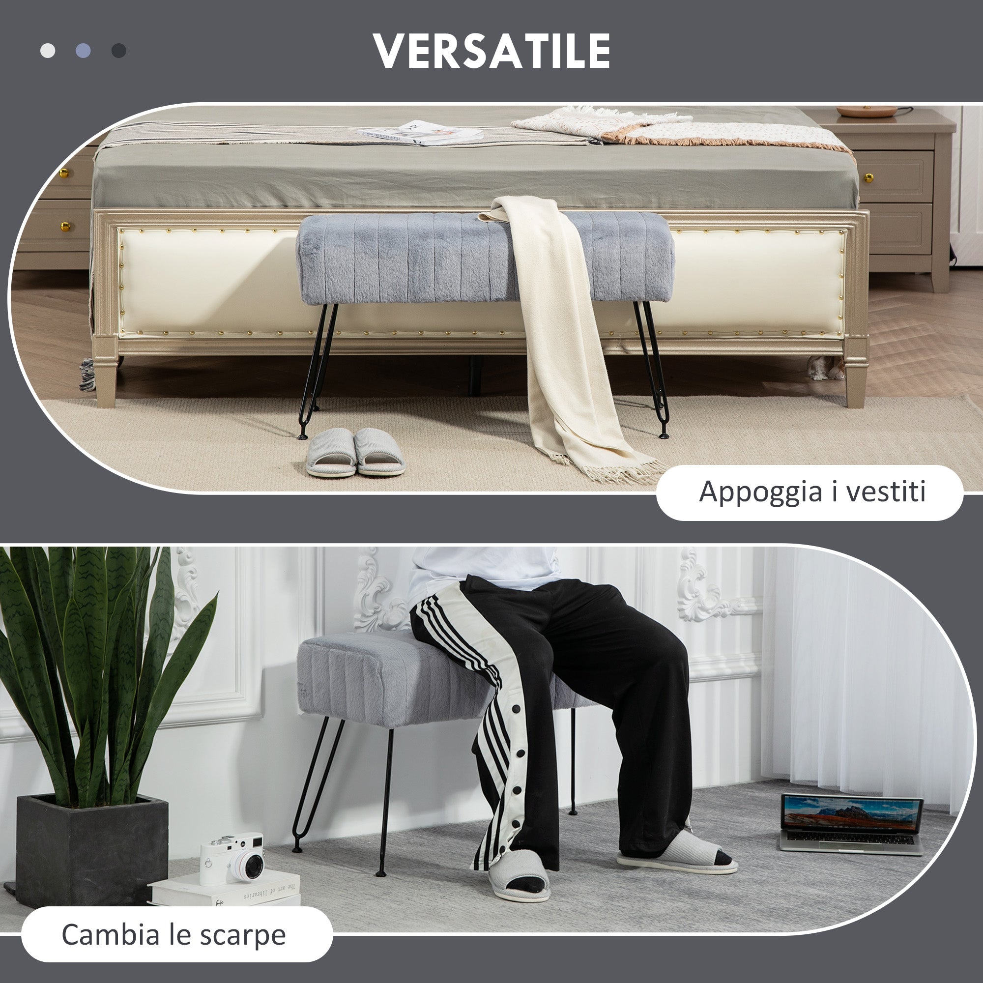 Panca Fondo Letto Imbottita 82x30x47 cm Pelliccia Sintetica Grigia