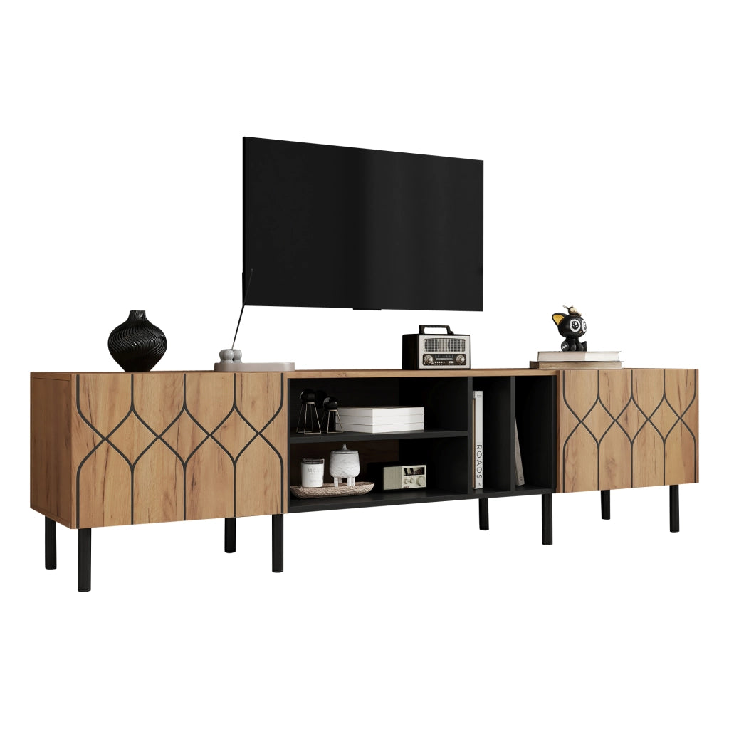 Mobile TV con 2 ante e 4 vani; passacavi - per soggiorno - 180×40×50 cm - in MDF e truciolare - nero