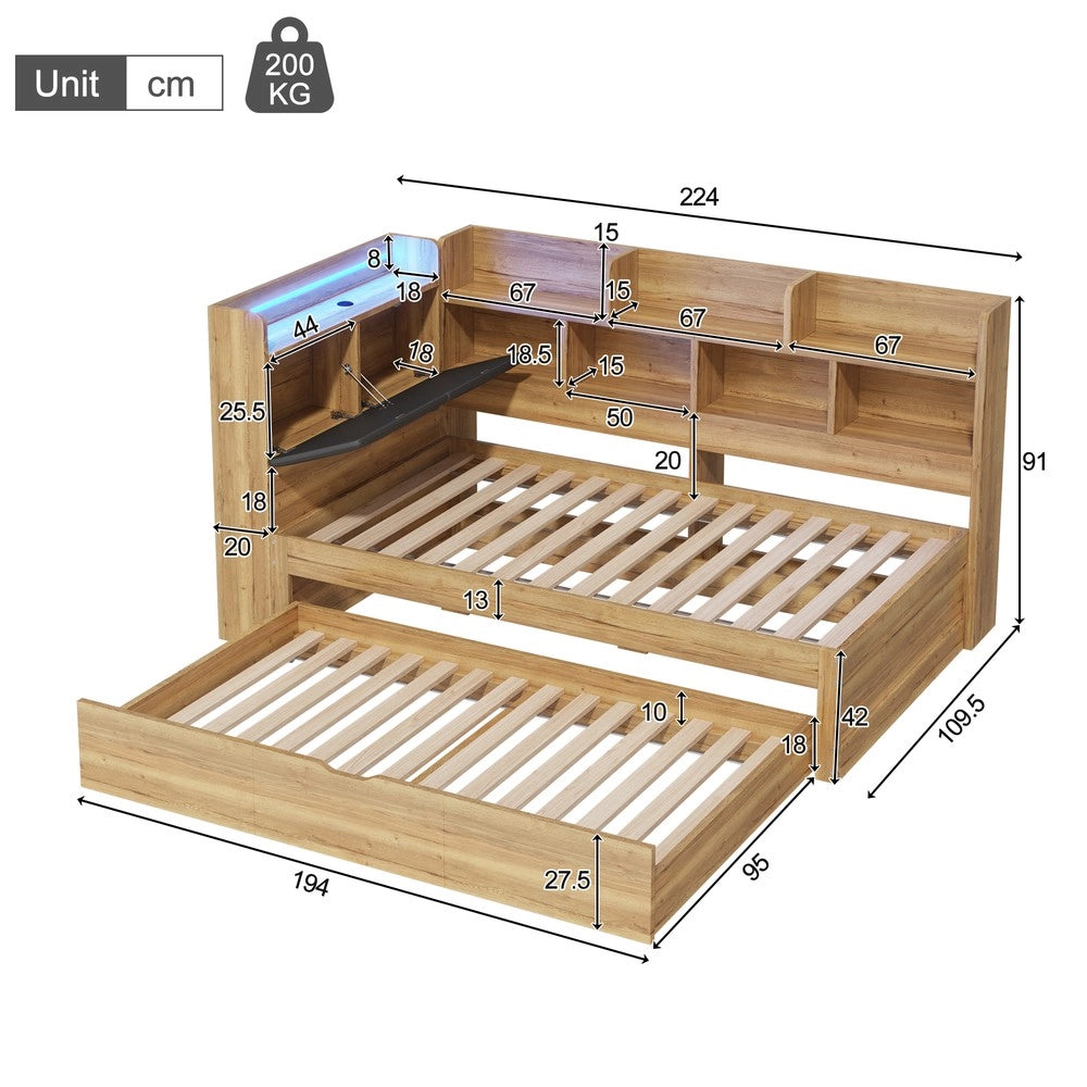 Letto Bambini a Soppalco con Cassetti, LED e Ripiani ¨C Xylo ¨C Legno Naturale 90x200