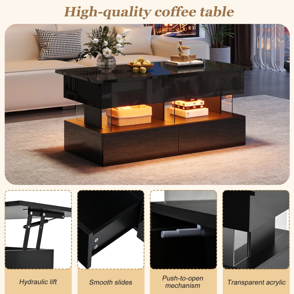 Tavolino basso sollevabile con 2 cassetti, vano contenitore e LED, in MDF, per soggiorno, nero, 100 × 50 × 46 cm