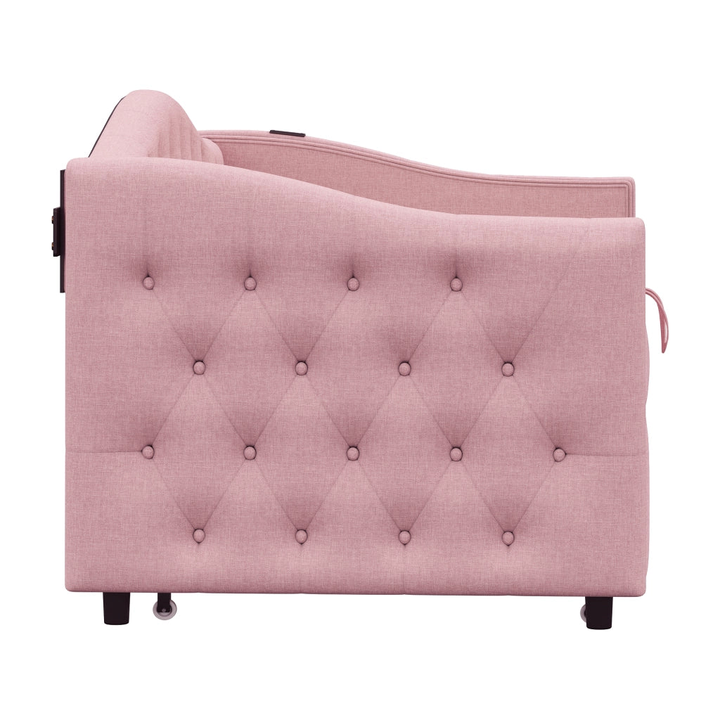 Letto singolo 90×200 cm salvaspazio estraibile con USB e rete; senza materasso; tessuto; rosa