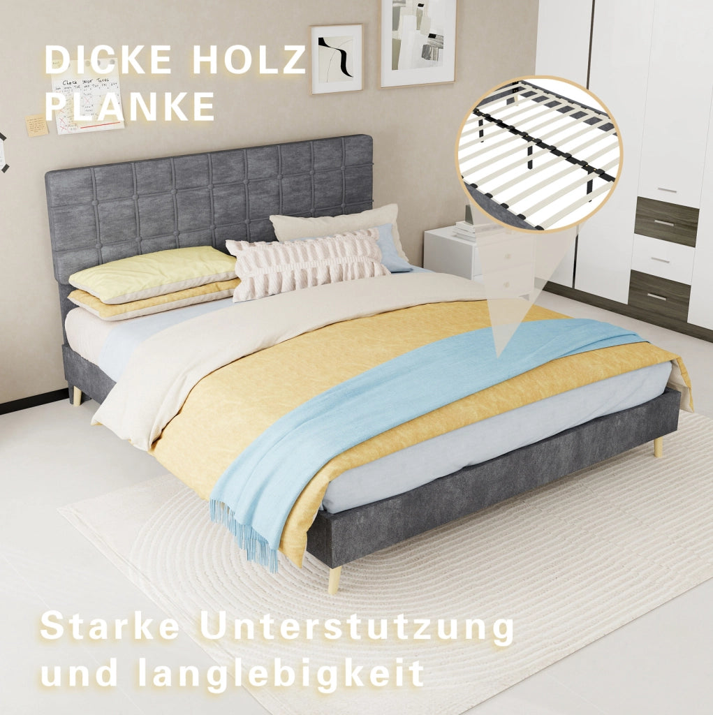 Letto 160 x 200 cm in tessuto grigio con testiera imbottita a quadri