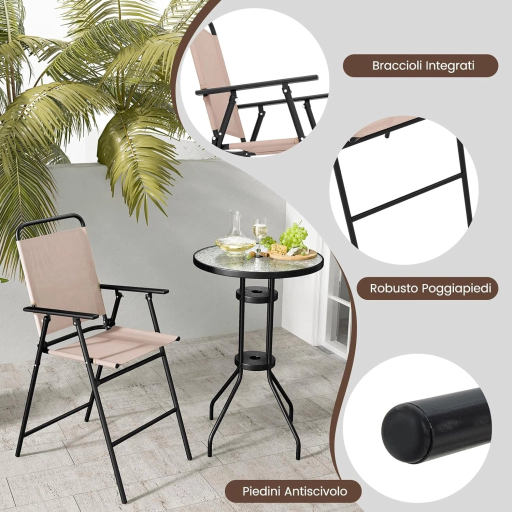 Set Mobili da Giardino 3 Pezzi in Metallo, Tavolo in Vetro e 2 Sedie Pieghevoli, Tavolo da Giardino con Sedie, per Giardino, Portico, Balcone (Senza Ombrello)