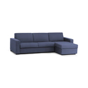 Divano fisso Atos, Divano ad angolo, Made in Italy, SofÒ  Soggiorno, con Penisola contenitore reversibile, in tessuto imbottito, con Braccioli standard, cm 280x95h90, Blu