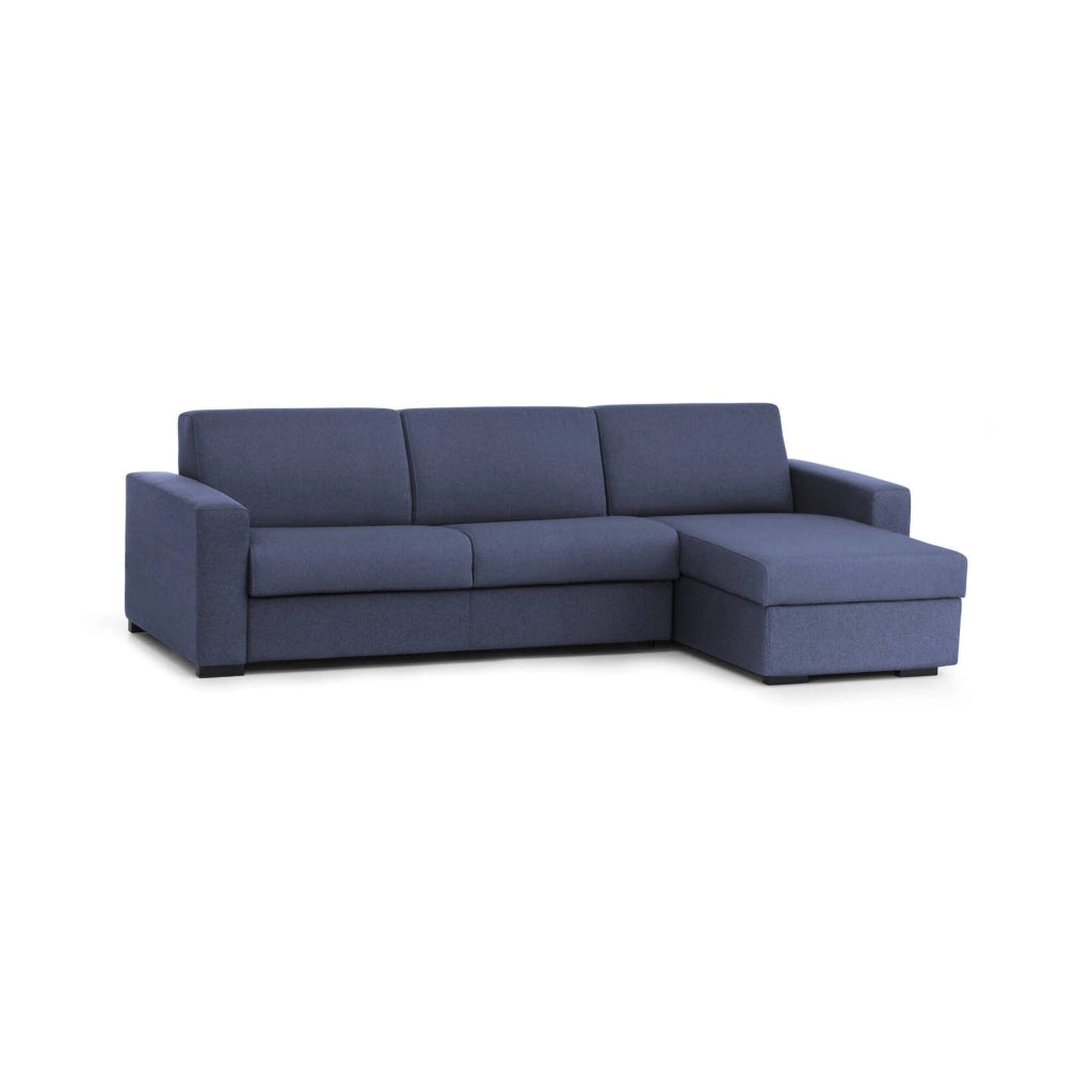 Divano fisso Atos, Divano ad angolo, Made in Italy, SofÒ  Soggiorno, con Penisola contenitore reversibile, in tessuto imbottito, con Braccioli standard, cm 280x95h90, Blu