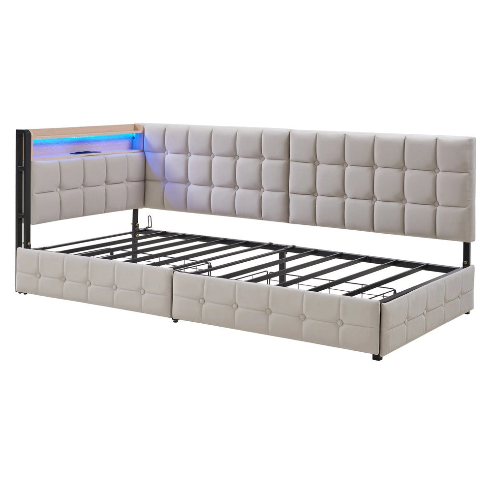 Letto Singolo Imbottito con Cassetti e LED ¨C MINIMAL ¨C Beige 90x200