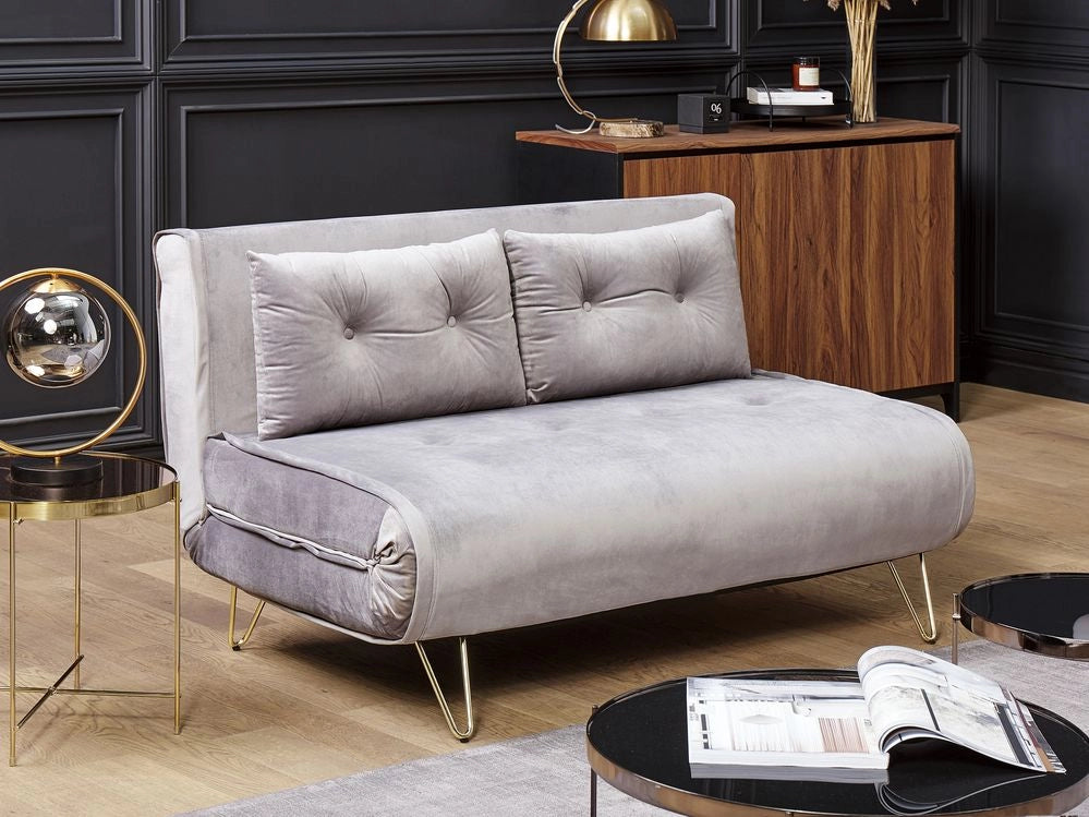 Divano Letto Velluto Grigio 2 Posti Letto Sfoderabile senza braccioli Con 2 Cuscini Gambe In Metallo dorato Glamour