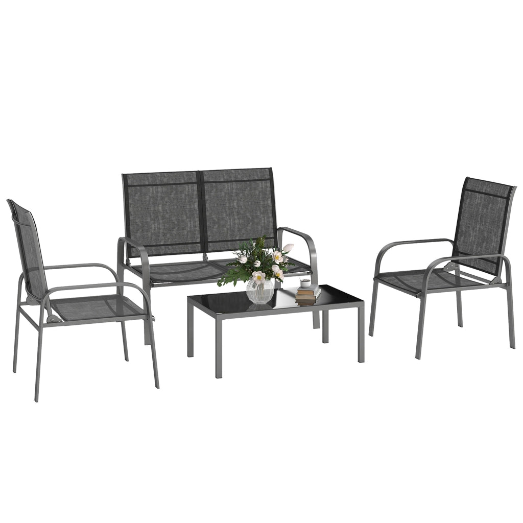 Set da Giardino 4 Pezzi con Divano 2 Sedie e Tavolino Basso con Piano in Vetro Rivestimento in Textilene Nero